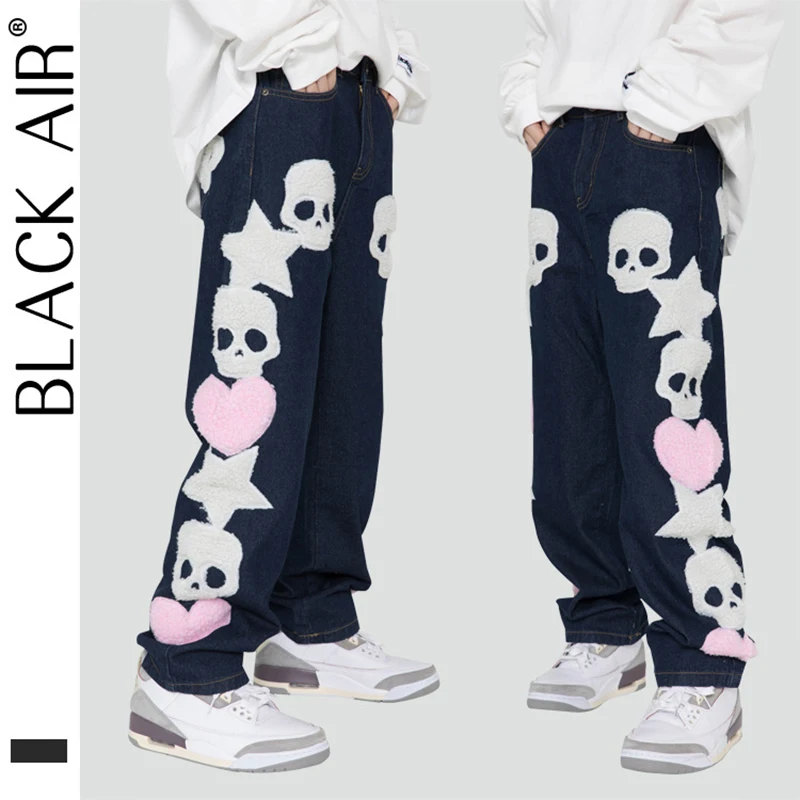 HOUZHOU Y2K Jeans Pants Men Punk Skeleton Skull Denim Trousers Male Distressed Embroidery Hip Hop American Streetwear Freaknik