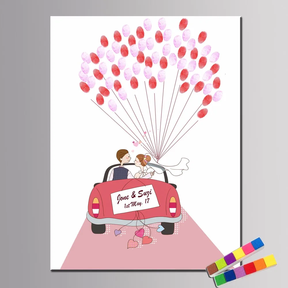 

Party Favor Customized 50*70cm Hot Air Balloon Wedding Tree Unframed Canvas Painting Fingerprint Signature Guest Book With Ink