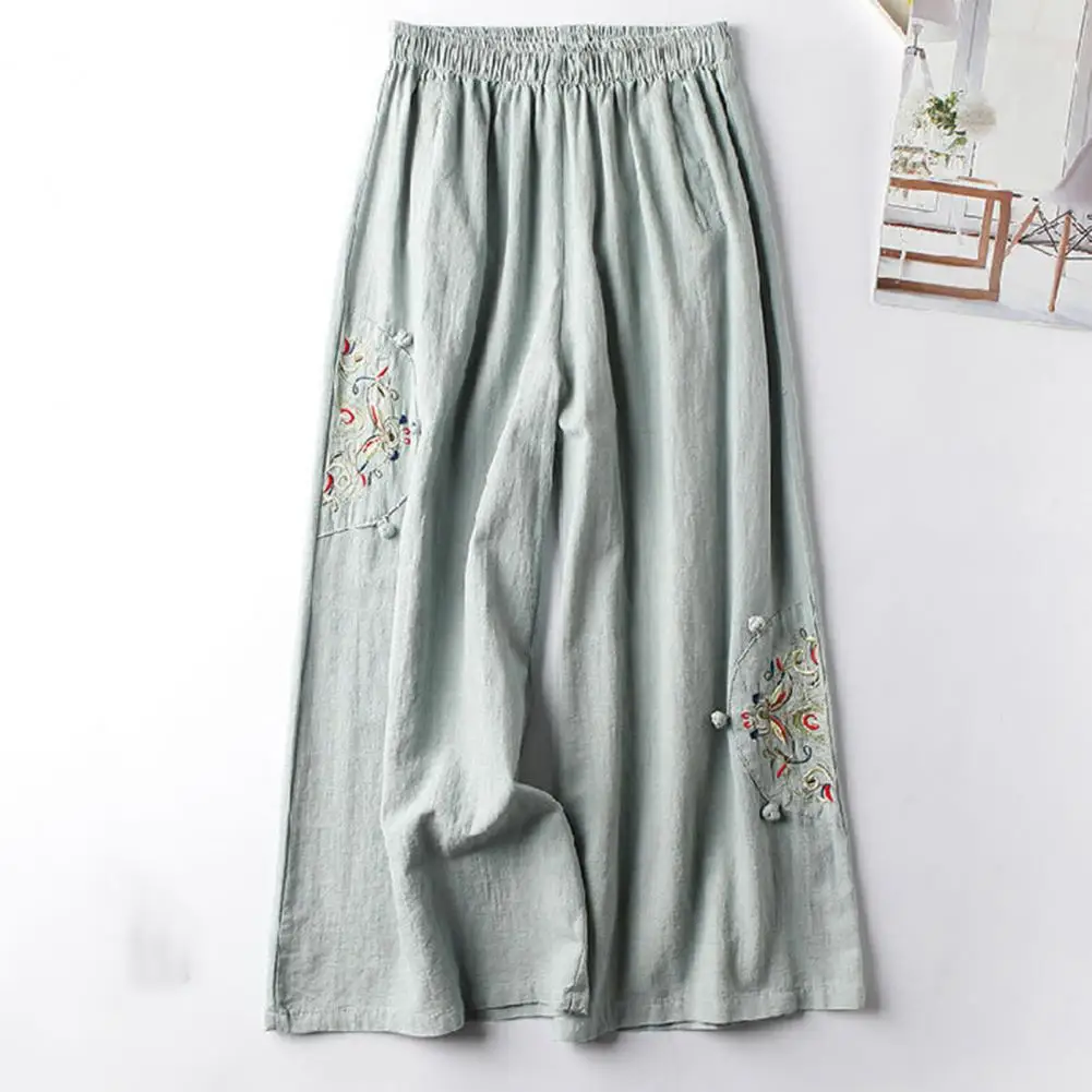 

Женские летние брюки с цветочной вышивкой, широкие брюки с глубоким шаговым швом, женские брюки в этническом стиле, летние брюки с эластичным поясом, женская одежда