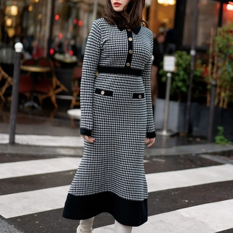 

A GIRLS Japanese Vestidos 2022 New Women Dress Small Lapel Button Patchwork Long Sleeve Houndstooth Mermaid Slim Knitted Dress