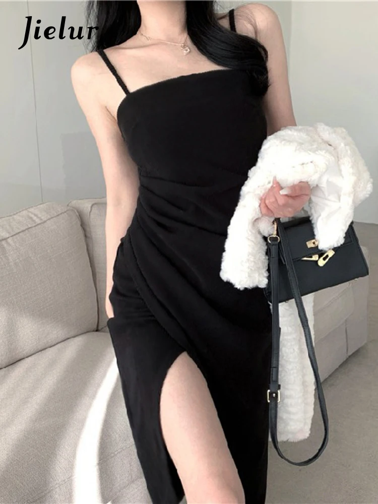 Jielur Женские платья без бретелек черные Асимметричные плиссированные однотонные