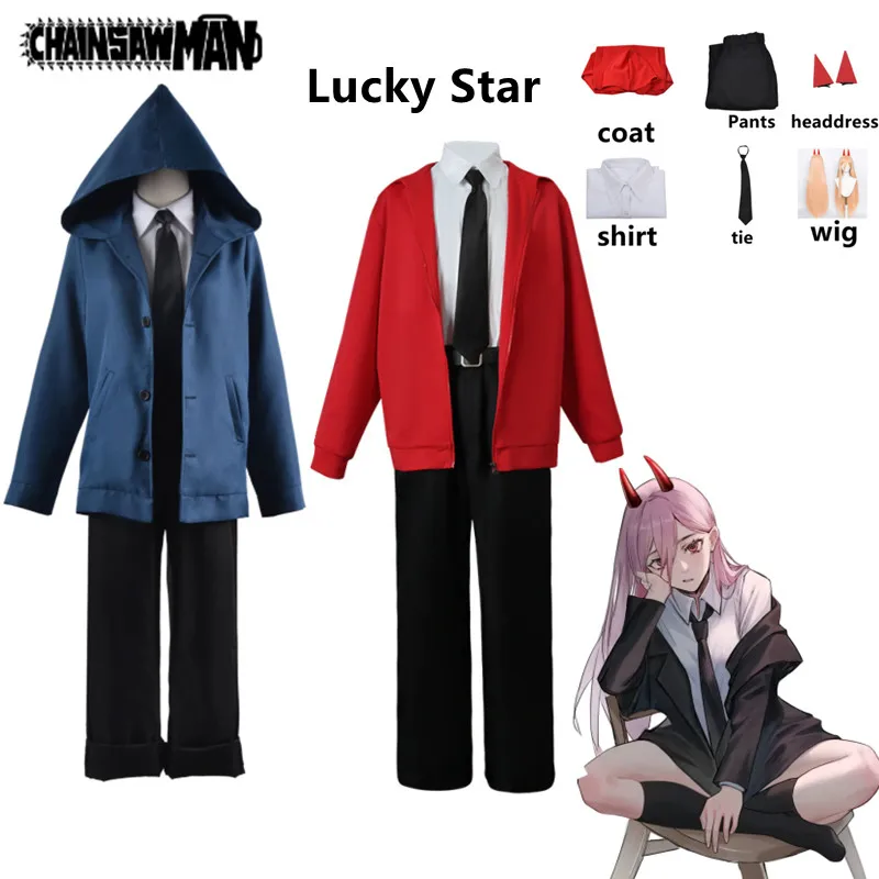 Anime Cosplay Chainsaw Man Power Cosplay Costume Blue Red Coat Shirt Pants Tie Red Headdress Power Yellow Wig Halloween Costume