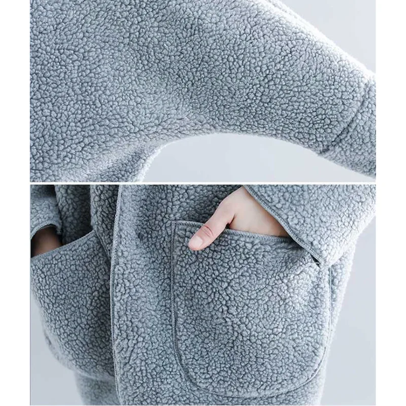 New Autumn Winter Coat Women  lambswool Jacket Hooded Long Loose Slim Big Pocket Solid Outerwear Female Clothing