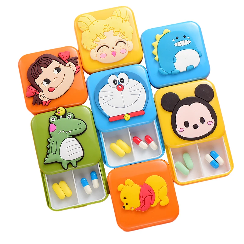 

Cute Cartoon Kawaii Two Grid Small Medicine box Sub Packed Sealed Portable Portable Medicine box Mini Medicine box 7 days a week