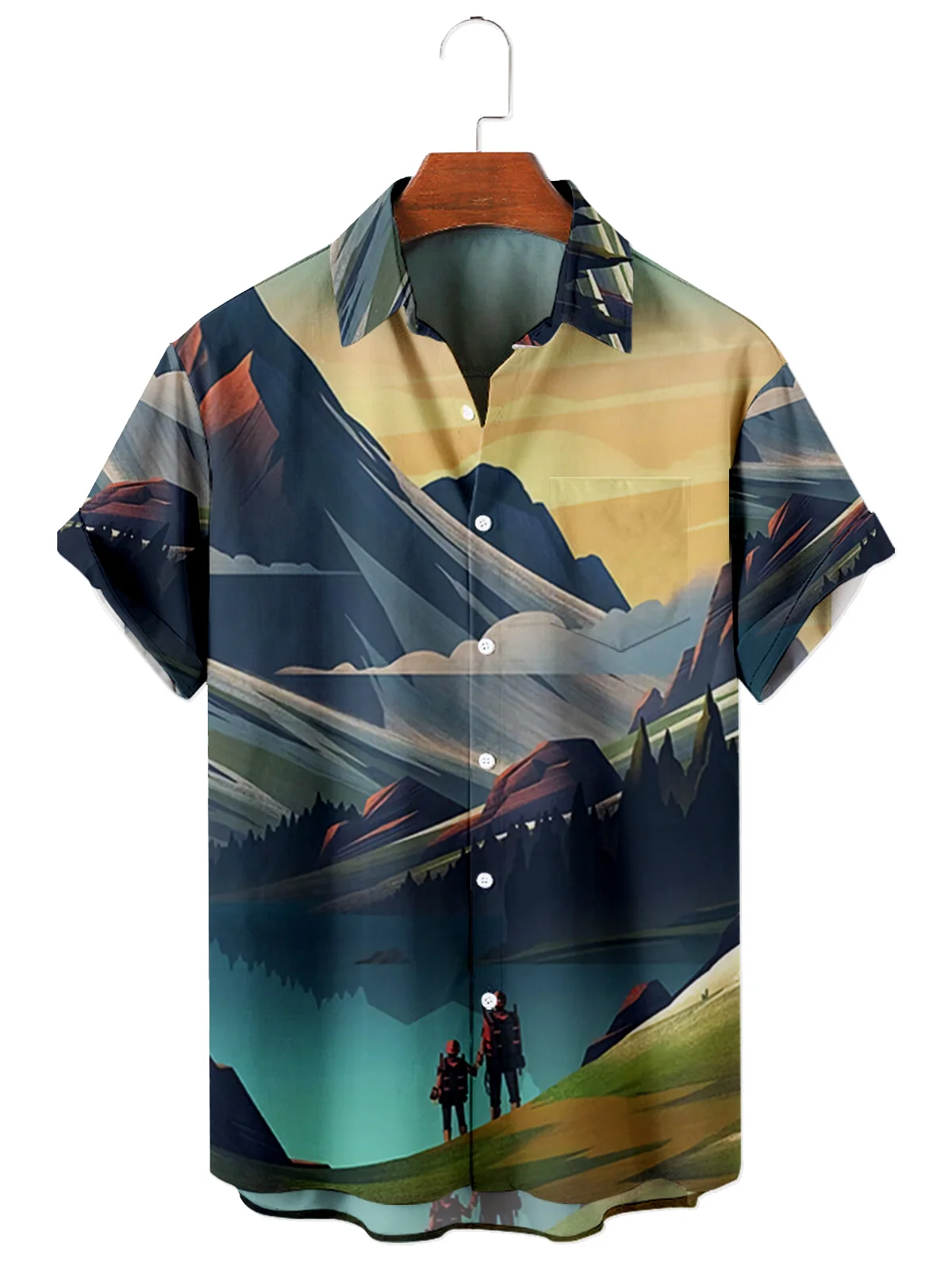 2022 Summer Beach Casual Men's Short Sleeve Lapel Shirt Plus Size Mountain 3D Print Men's Top with Pockets