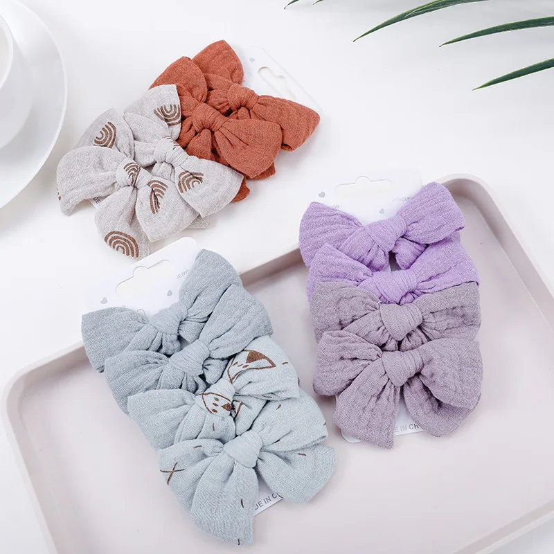 

4Pcs/Set Solid Floral Print Bows Hairpins Hairclip for Kids Muslin Cotton Linen Barrette Flower Side Baby Girl Hair Accessories