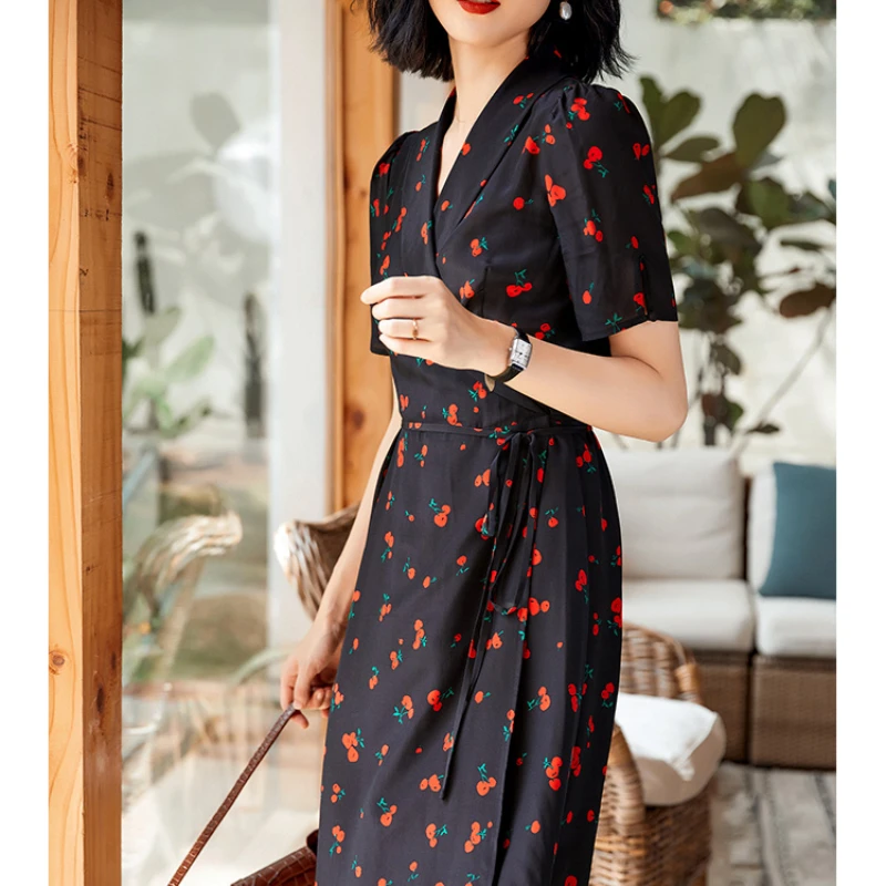 100% Mulberry Silk Dress 2023 New A-line Summer Dress Women Short Sleeve Korean Slim Printing Mid-length Dresses for Women Zm