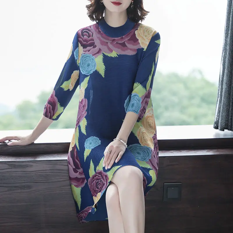 

Женское плиссированное платье средней длины, свободное платье в ретро-стиле с принтом в этническом стиле, весна-осень 2021