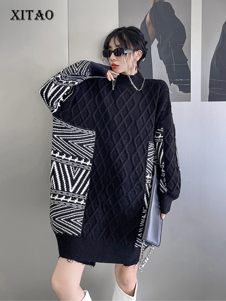 

XITAO Women Sweater Dress Medium and Long Term Sense of Design Loose Half High Collar Soft Glutinous Rice Knitwear WLD10144