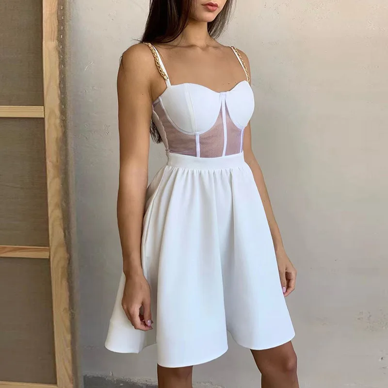 

2022 Summer A Line Black Dress Sleeveless See Through Patchwork Mini White Backless Party Dresses Women Elegant