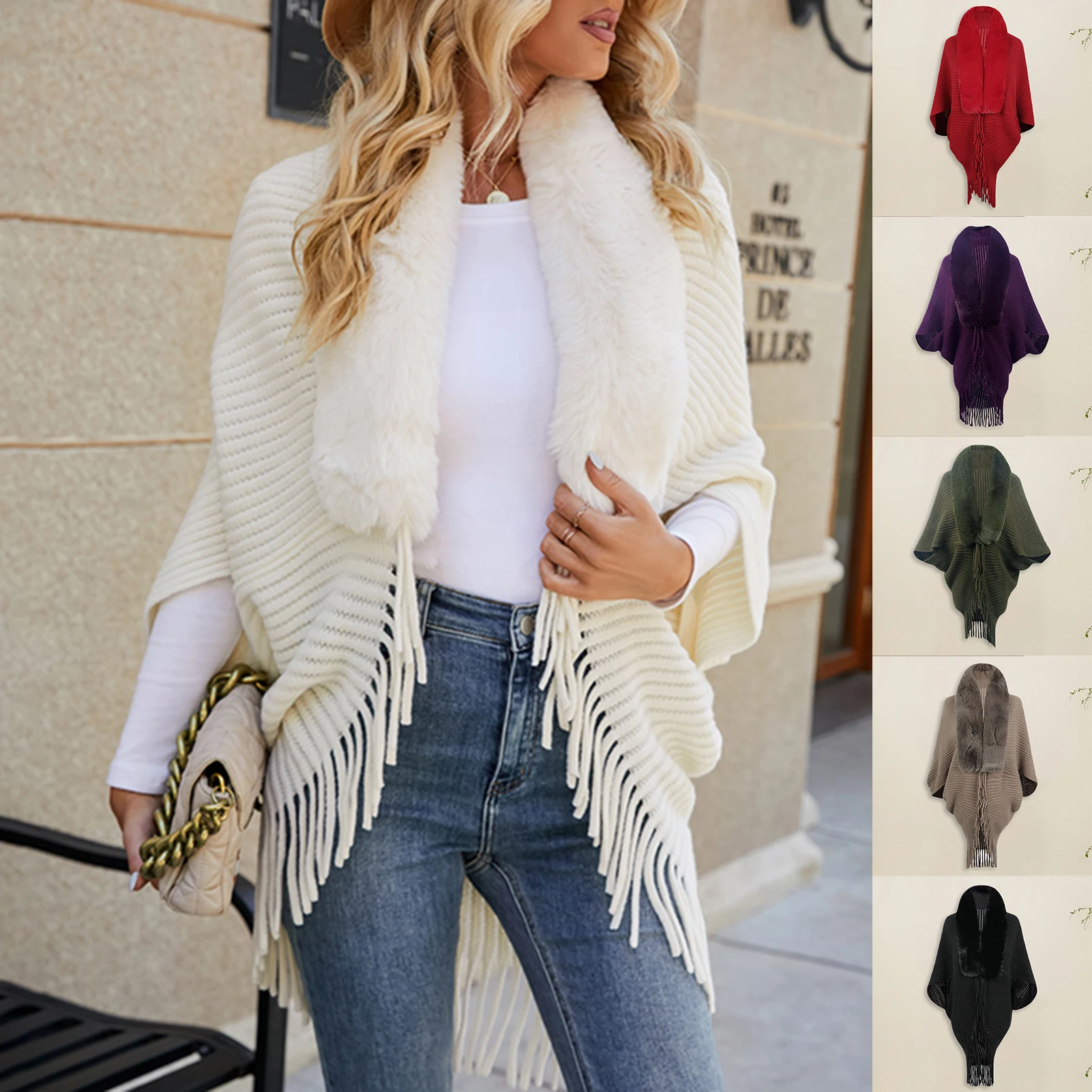 

Crochet Cape Shawl Ladies Open Front Sweater Slim Fit Women Cardigan Cloak Solid Color V Neck Tessel Rib Knitted Vacation Outfit