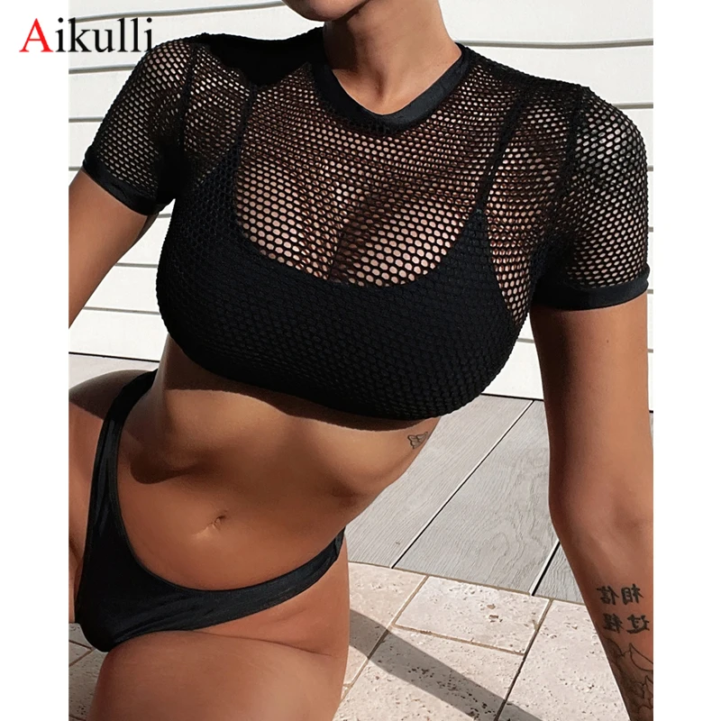 

Bikinis Three PieceM Swimsuits Woemn Sexy Mesh Short Sleeve Swimwear 2022 New Black Beachwear Bathing Suits Brazilian Bikini Set