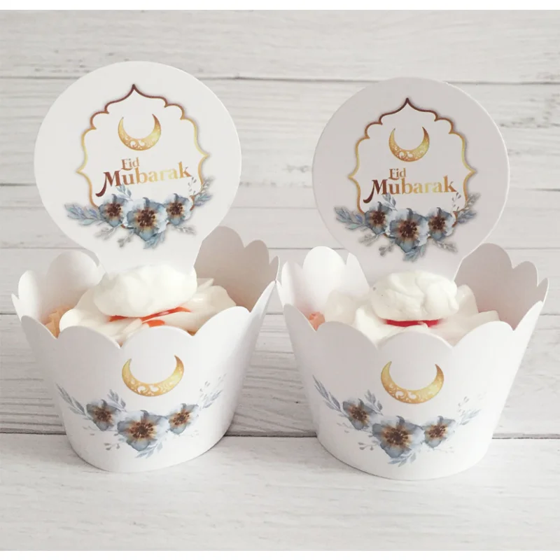

12Pcs Ramadan Decor 2023 Eid Mubarak Cupcake Toppers Wrappers Kit Eid Mubarak Cupcake Liners for Party Supplies Eid Party Decor