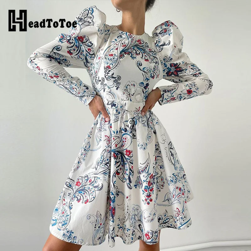 

Puff Long Sleeve Floral Print Midi Dress Women Casual A-Line Daily Dress