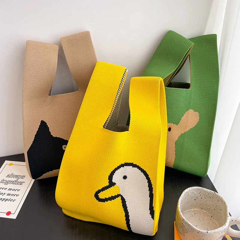 Cartoon Knit Handbags for Women Japanese Mini Wrist Bag Female Casual Wide Stripe Plaid Tote Bag Student Reusable Shopping Bags