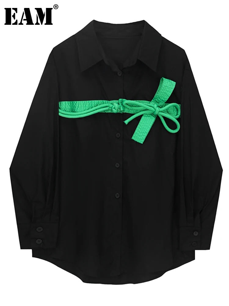 [EAM]-blusa Vintage de talla grande con lazo para mujer, camisa holgada de manga larga con solapa, a la moda, para primavera y otoño, 2022, 1DE6478