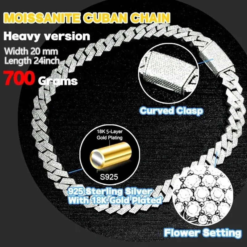 Hip Hop Rapper Mossanite Necklace Jewelry VVS 925 Sterling Silver 20mm Black Diamond Moissanite Cuban Link Chain