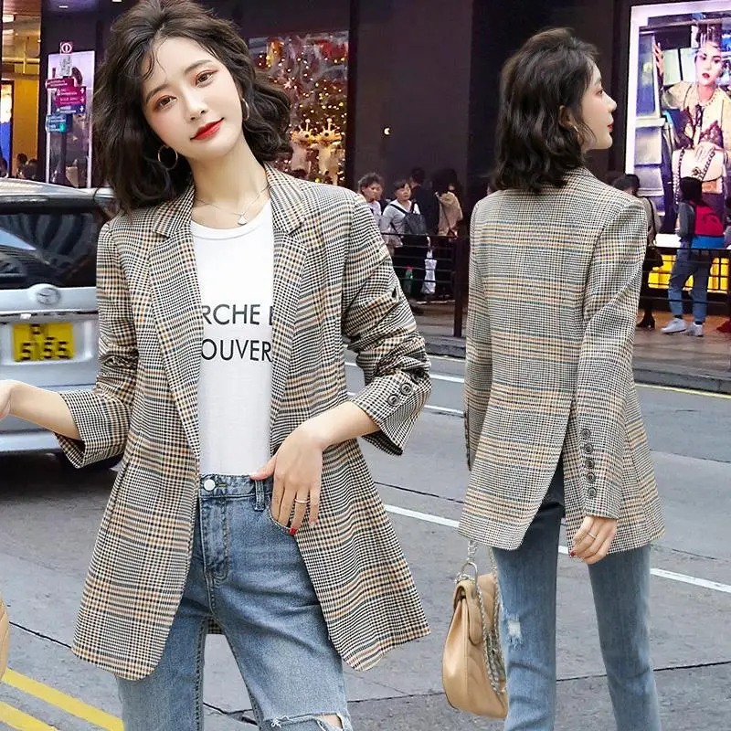 

Plaid Small Suit Jacket Women's 2022 Spring Autumn New Coat Korean Casual Outwear Female Blazer Loose Ladies Overcoat Tops