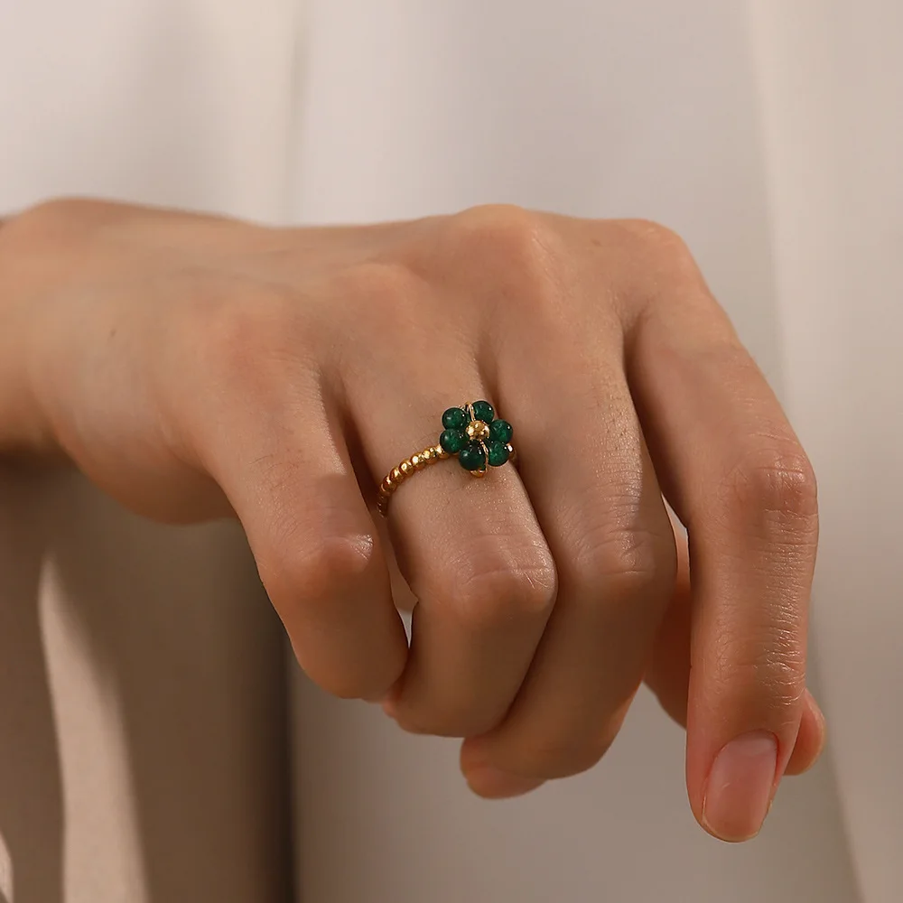 

Stainless Steel PVD 18K Gold Plated Tarnish Deep Green Flower Charm Ring For Woman Jewelry Wholesale 2023 Trendy