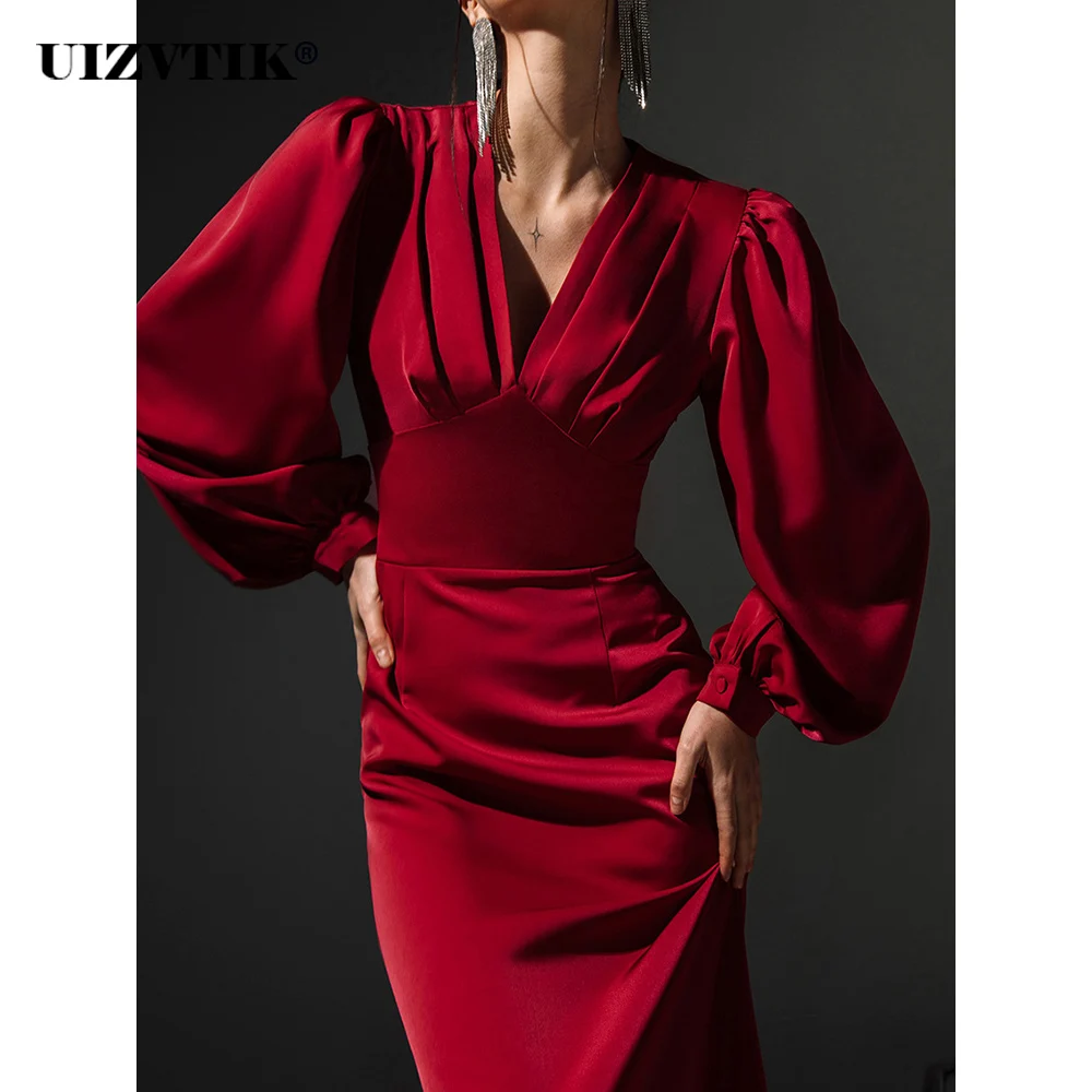 

Sexy V Neck Satin Lanter Sleeve Long Evening Party Dresses for Women 2023 Spring Casual Slim Elegant Midi Office Bodycon Dress