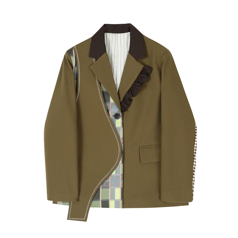 

SuperAen Spring 2022 New Fashion Patchwork Single Breasted Notched Full Office Lady Green Suit Jacket Women Coats