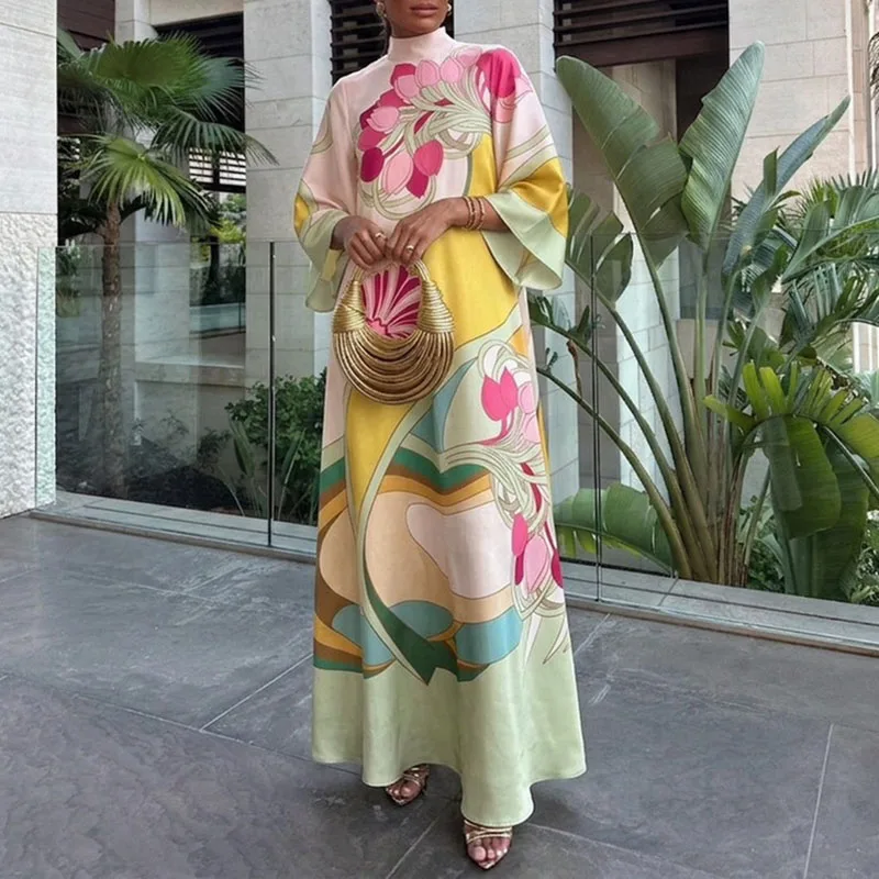Винтажное атласное платье с цветочным принтом, женское, новое, с расклешенными рукавами, свободного кроя, макси, в стиле бохо, для лета, пляжа, курорта, элегантное платье (art.: 3920db27292cf) - 3920db27292cf
