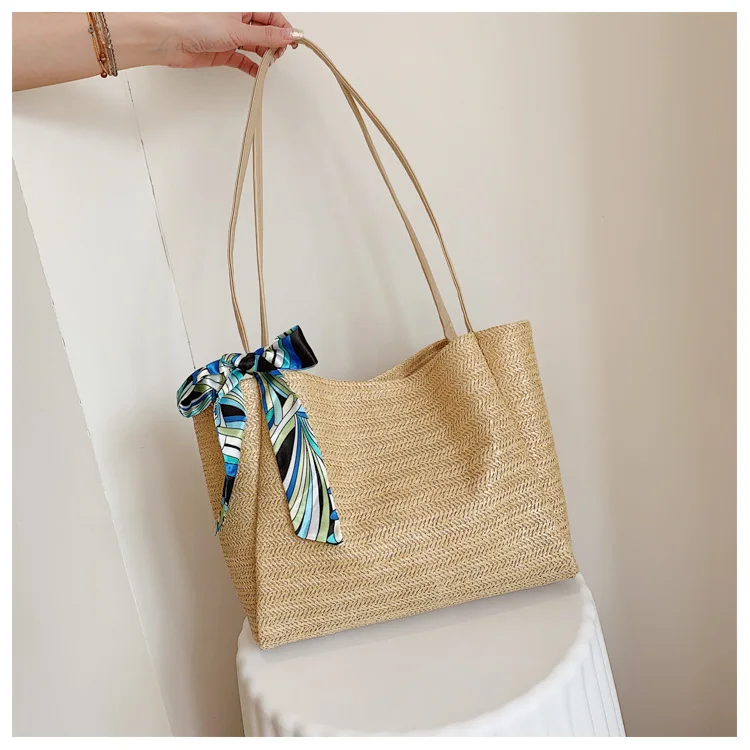 Summer Large Capacity Beach Woven Bags Women Bow Rattan Bucket Bag Travel Holiday Shopper One-shoulder Totes Cross Body Portable