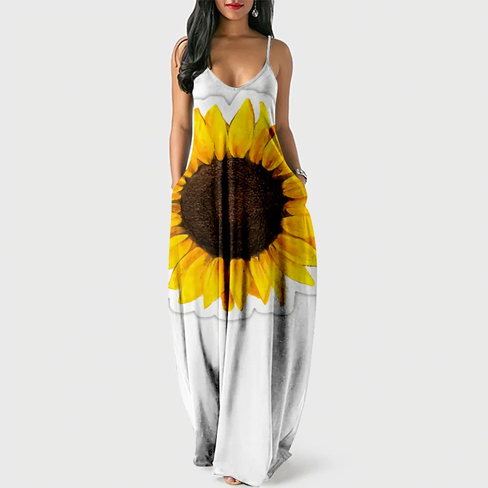 

Casual Loose Long Dress Women Maxi Dresses Cute Sunflower Print Sexy High Split Spring Summer Ladies Beach Holiday Halter Dress