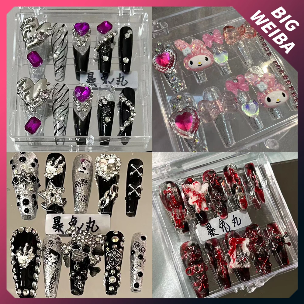 

Cartoon Kuromi Mymelody Hello Kitty Fake Nails Anime Cosplay Detachable Long Coffin Stiletto Nails Full Cover Nail Tips