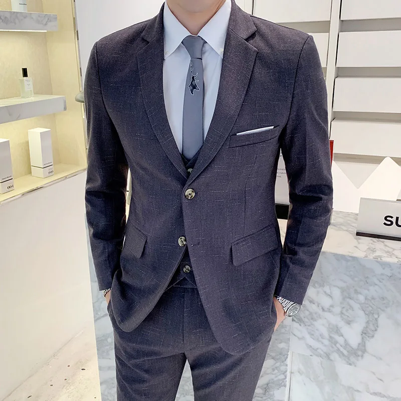 

2021 New Spring Autumn Designer Suit For Wedding Costume Mariage Homme 3 Pieces Mens Plaid Suits Navy Blue Grey