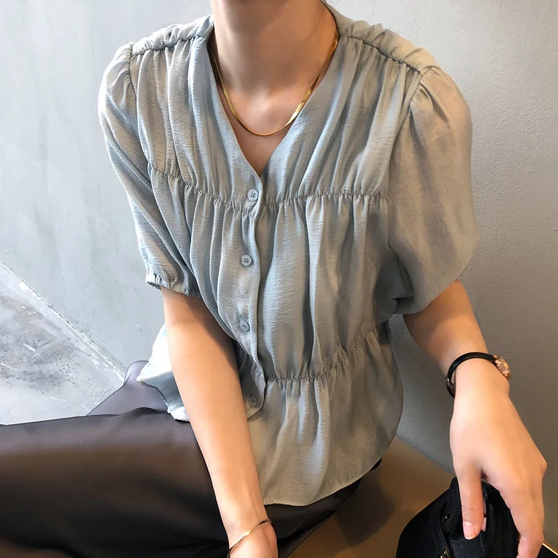 

COIGARSAM Shirt Womens Tops Summer 2022 New Fashion Pleated V-Neck Women Shirts Dropshipping