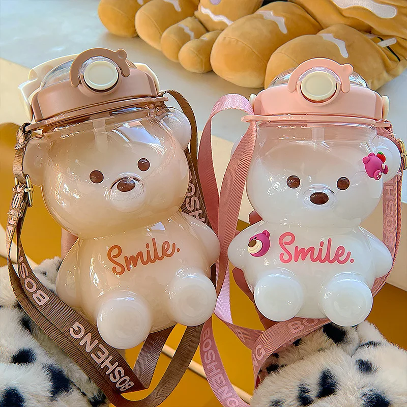 

Cartoon Strap Large-capacity Straw Water Cup 4 Color Cute Bear Shape Plastic Cup Outdoor Parade Water Bottle