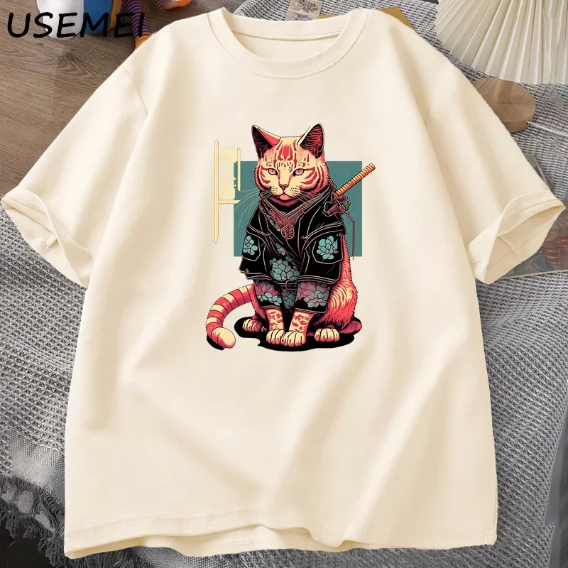 Футболка мужская с принтом самурайского кота милая хлопковая рубашка коротким