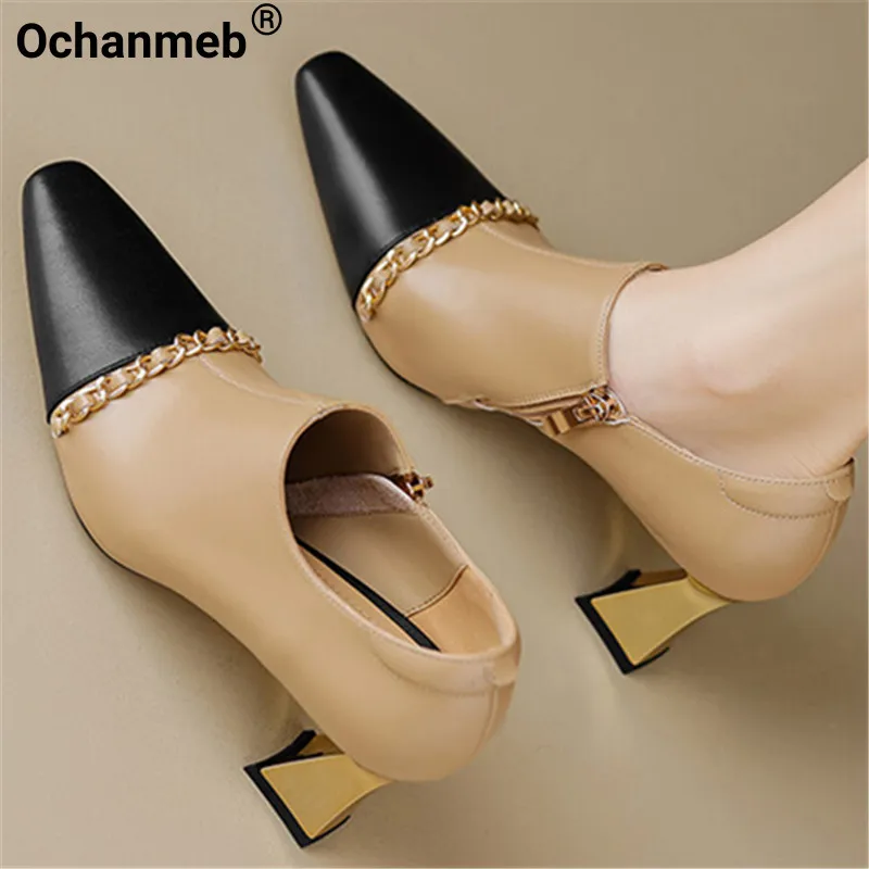 

Ochanmeb Genuine Leather Women High-heeled Shoes Designer Metal Chain Mix-color Square Toe Zipper Pumps Autumn Spring Shoes Nude