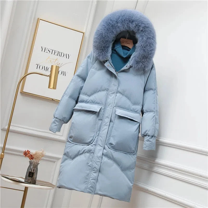 White Duck Down Coat Women 2022 Winter New Fashion Slim High-end  Down Jacket Female Large Size Long Hooded Fur Collar Parkas