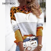 2022 fashion leopard patch colorblock long sleeve sweater 2021 autumn women sexy long sleeve sweater contracted tide chic ins