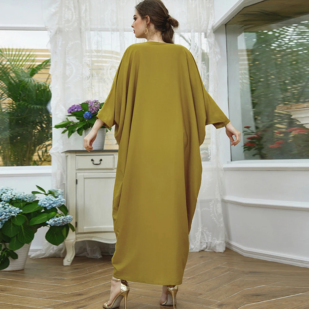 Bat Cloak Loose Islamic Abaya For Women Dubai 2022 Eid Mubarak Kaftan Turkey Diamonds V Neck Middle East Muslim Abaya Long Dress