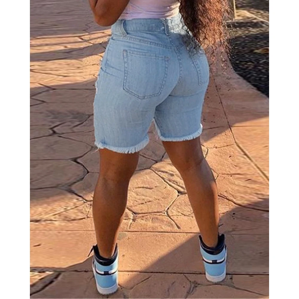 Women High Waist Paisley Print Washed Denim Shorts Female Casual Elegant Summer Hollow-out Cutout Ripped Raw Hem Hot Pants