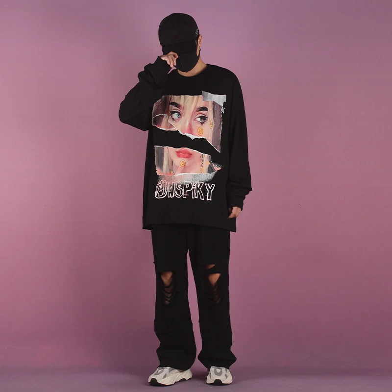 

Korean Street wear Hip-hop Wide Leg Sweatpant Black Men's Ripped Joggers Pants Baggy European and American Women Washed Hole