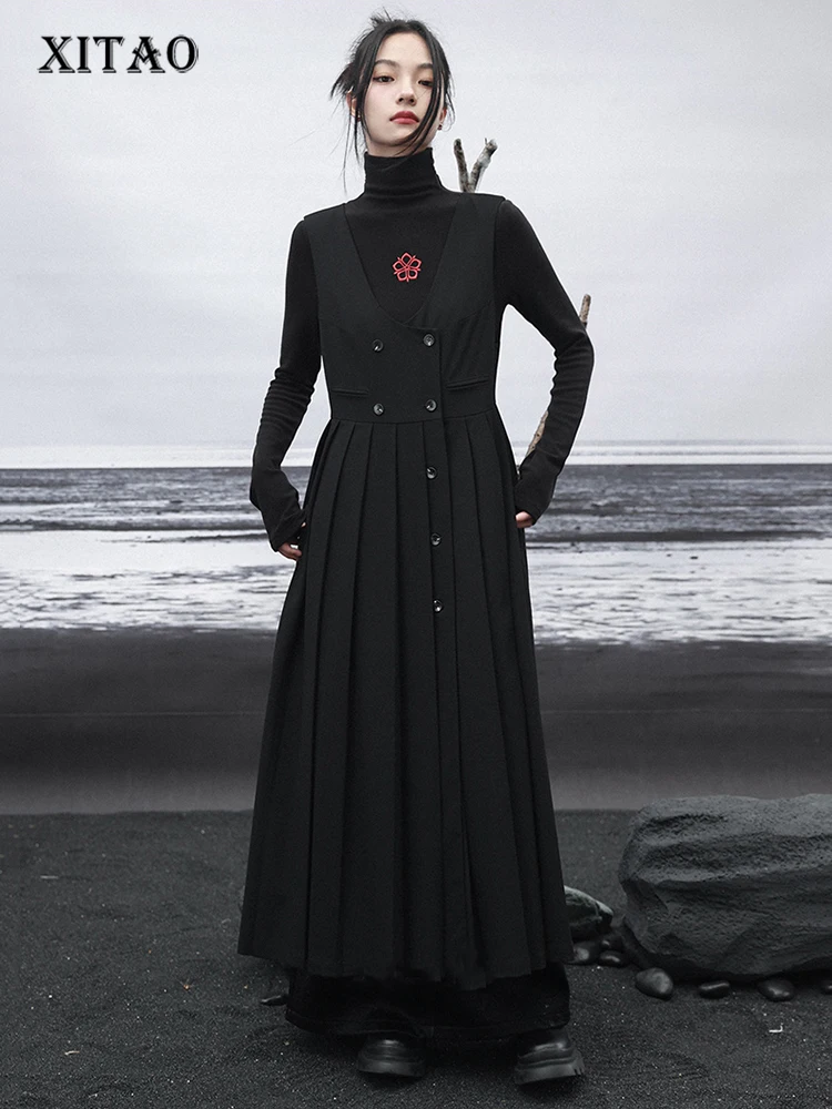 

XITAO, черное платье-кардиган с v-образным вырезом, свободное, без рукавов, простота, осень 2023, женское, универсальное, нишевое, дизайнерское платье LYD1433