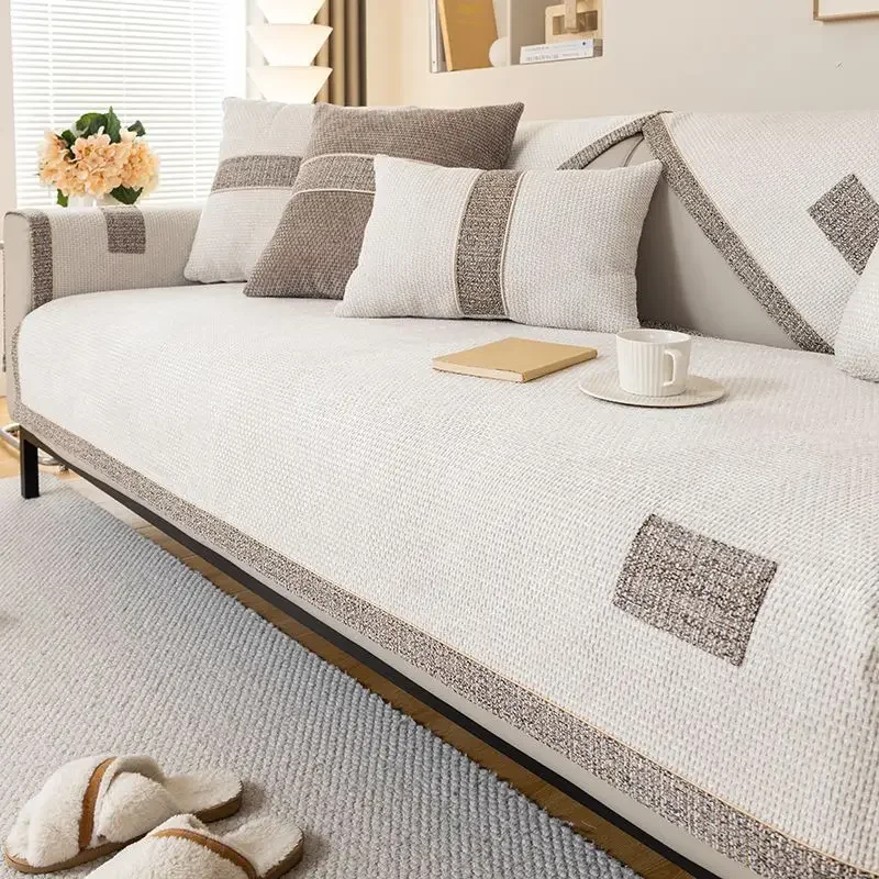 New Solid Color Chenille Sofa Mat Cover Universal Striped Couch Cushion Dust-proof Non-slip Pet Cat Slipcover Living Room