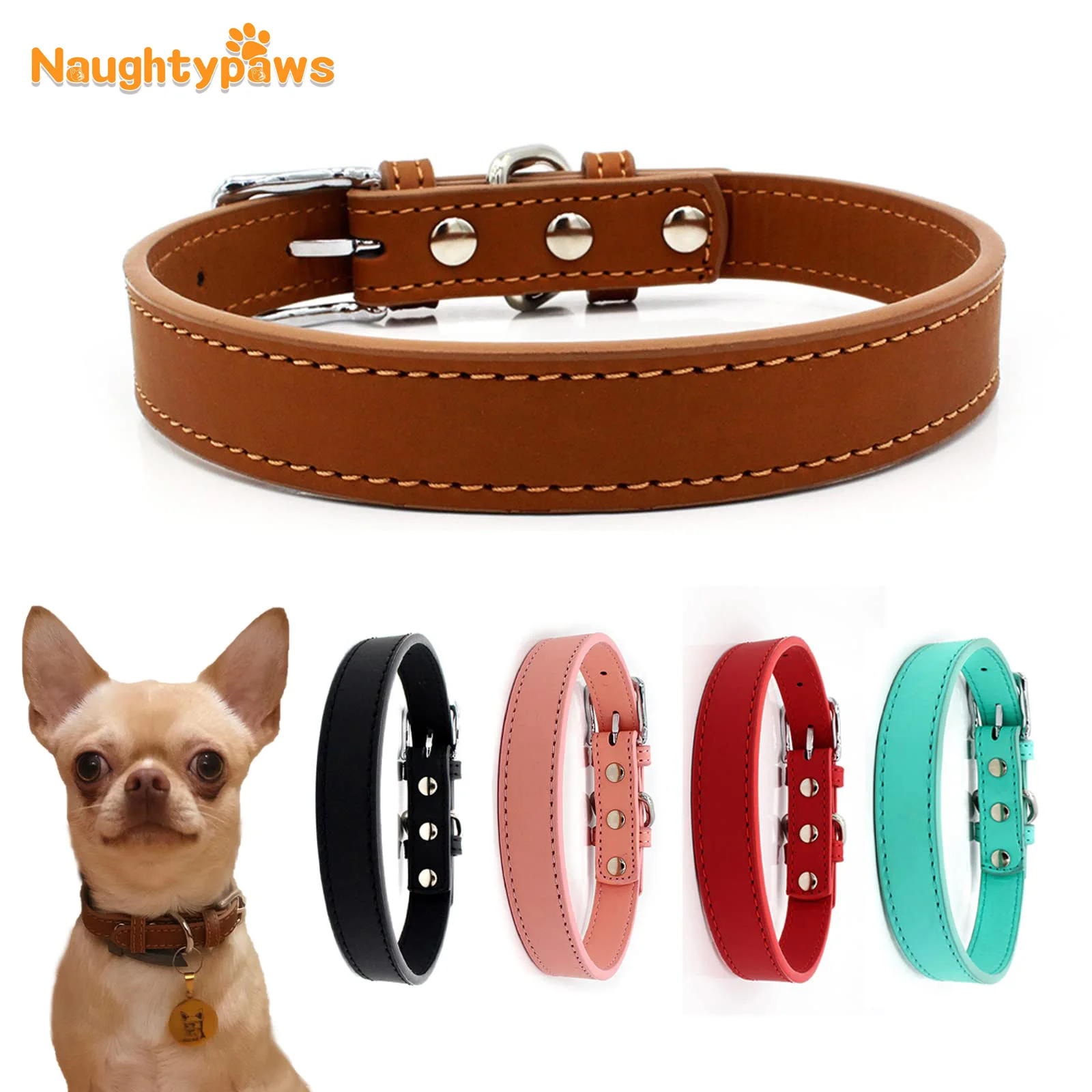 

Leather Dog Collar Waterproof Adjustable Puppy Collar with Zinc Alloy Safety Buckle Soft PU Leather Padded Pet Collar