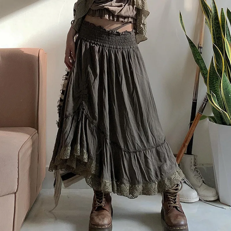 

Goth Dark Fairy Lace Splice Shirring Midi Skirts Retro Y2k Grunge Ruffles Asymmetric Bottoms Goblincore Streetwear Long Skirt