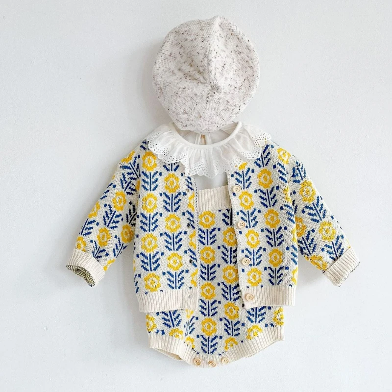 

2022 Spring Autumn Infant Baby Girls Knit Long Sleeve Floral Coat + Braces Rompers Clothing Sets Kids Girl Suit Clothes