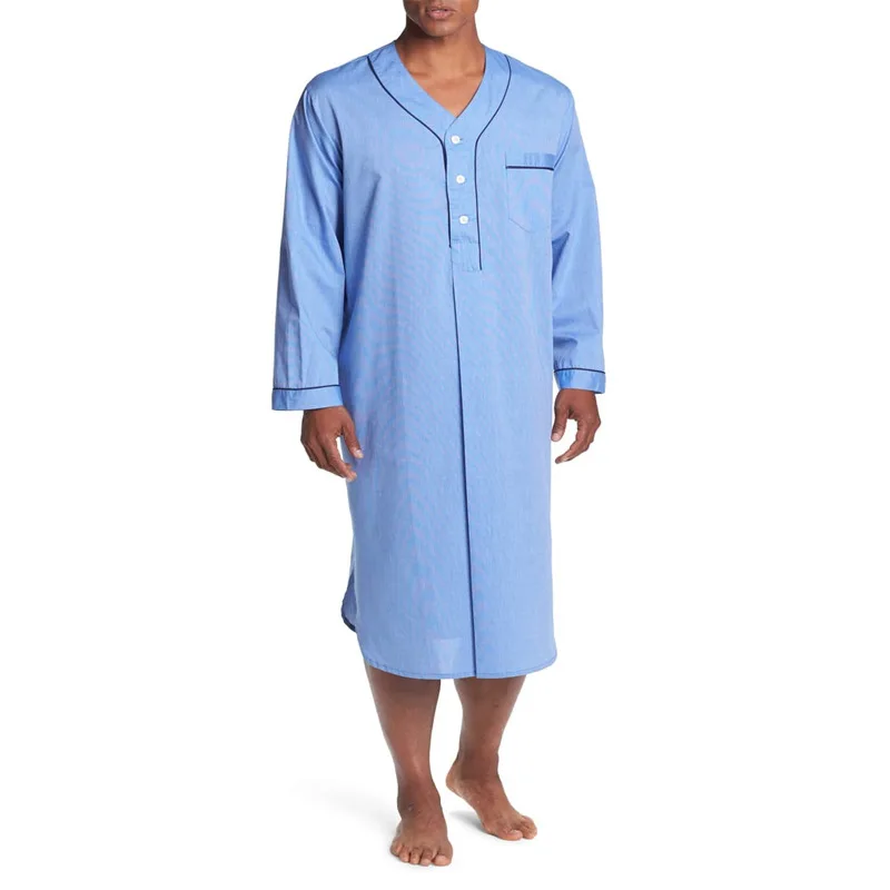Muslim Men's Robe Southeast Asian Spring Autumn Loose V Standing Long Sleeved Medium Length Robe Solid Color Pajamas
