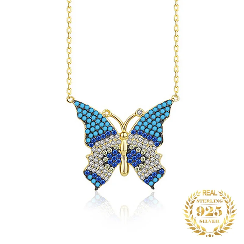 

Female Trendy Fine Jewelry Charm Zircon Insect Necklace 18K Gold Plated Butterfly Pendant Necklace Women 925 Sterling Silver