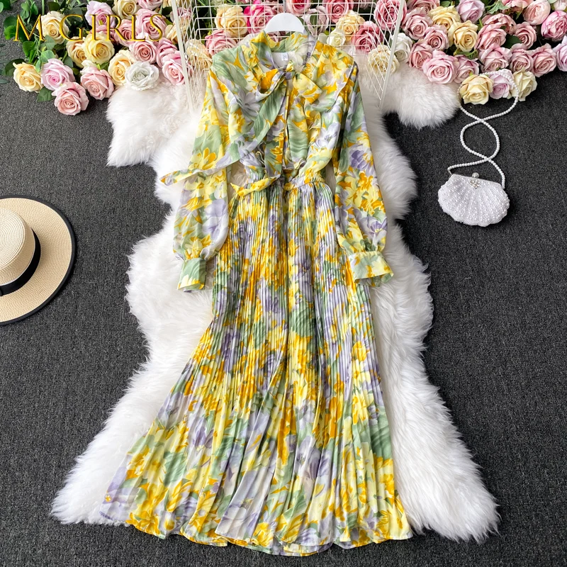 M GIRLS Spring Summer Pleated Chiffon Dress Women Elegant Bow Bandage Boho Dresses Woman Vintage Floral Printed Beach Long Robe