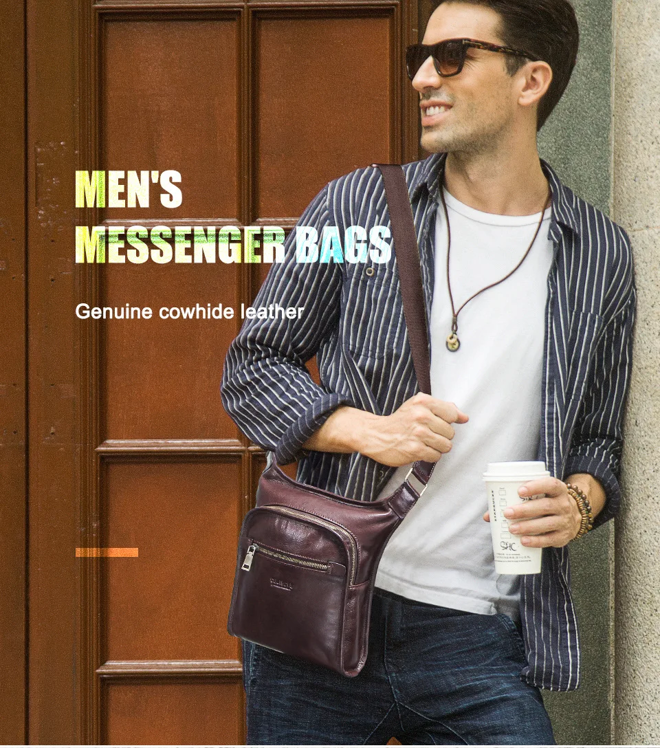 Men's Shoulder Bag Square Soft Genuine Cow Leather Casual Fashion Crossbody Bag