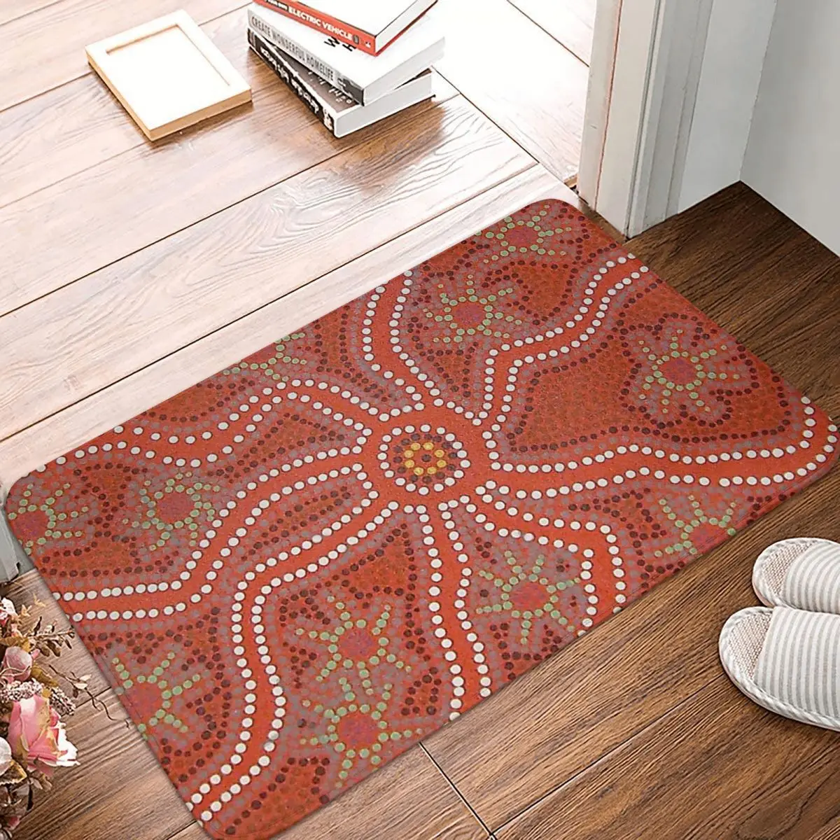 

Australian Aboriginal Art Anti-Slip Doormat Living Room Mat Red Dot Flowers Floor Carpet Entrance Door Rug Home Decor