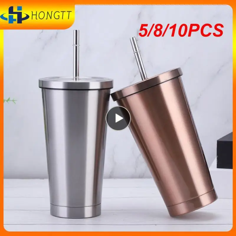 

5/8/10PCS 500ml Stainless Steel Straw Cup Large Capacity Outdoor Travel Portable Water Cup Non-slip Household Drinking Tumbler